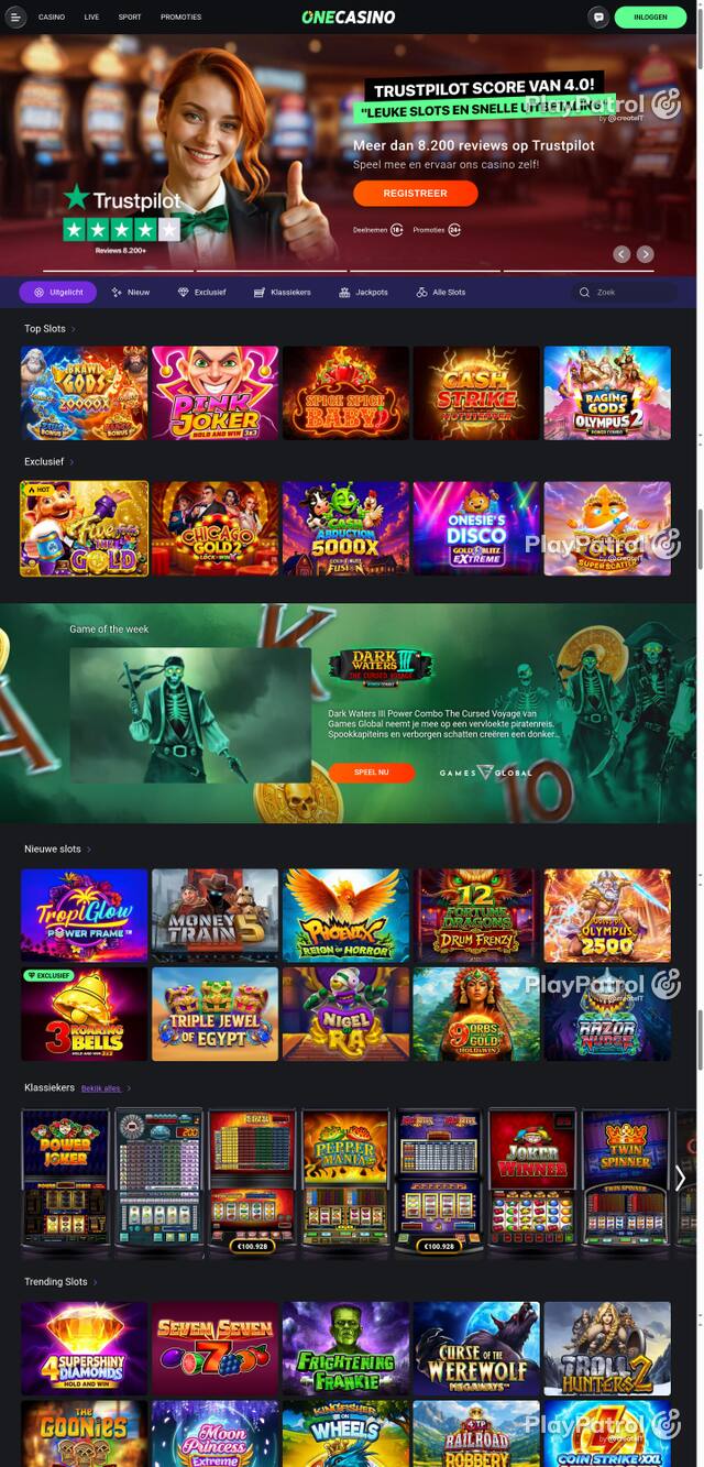 Capture of the front page of One Casino (nl.onecasino.com) on 15 October 2026