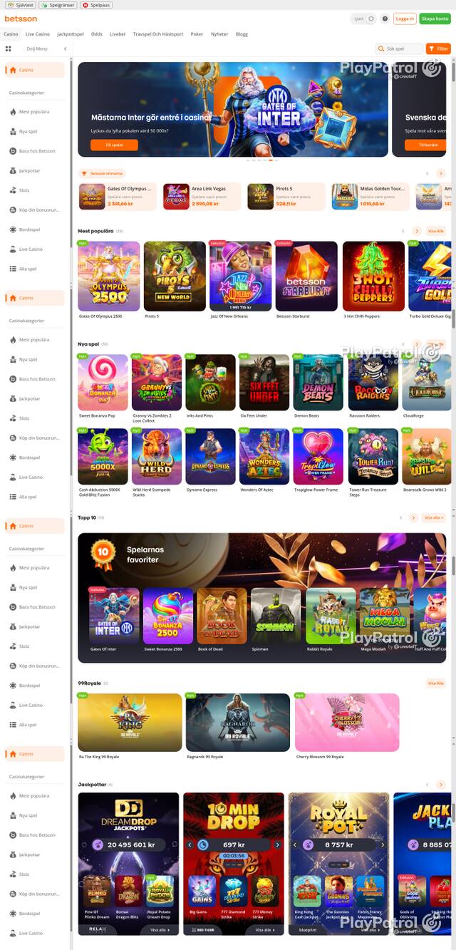 Capture of the front page of betsson.com (betsson.com) on 22 October 2026