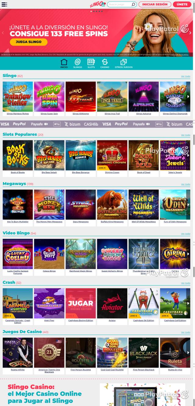 Capture of the front page of Slingo Casino (slingocasino.es) on 22 October 2026