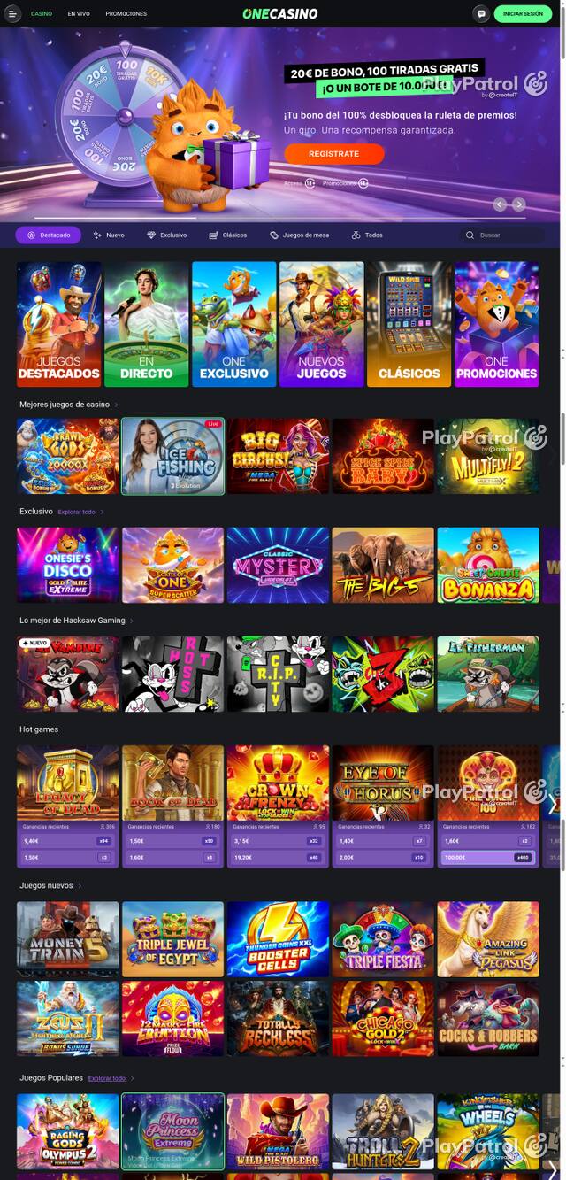 Capture of the front page of One Casino (onecasino.es) on 8 October 2026