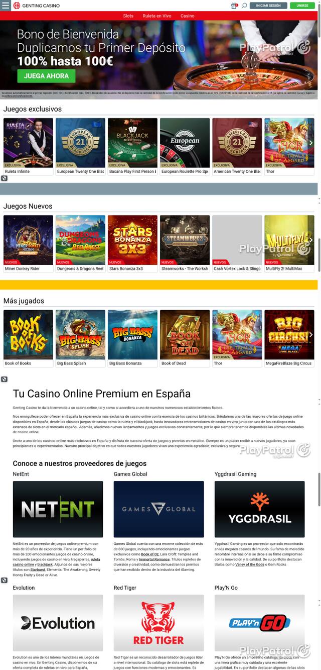 Capture of the front page of Genting Casino (gentingcasino.es) on 15 October 2026