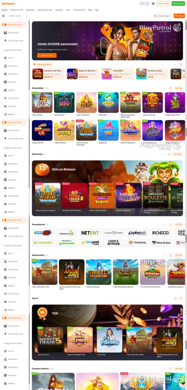 Capture of the front page of Betsson (betsson.es) on 21 October 2026