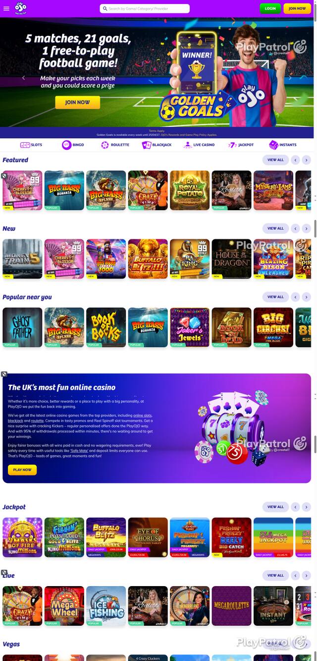 Capture of the front page of PlayOJO (playojo.com) on 7 October 2026