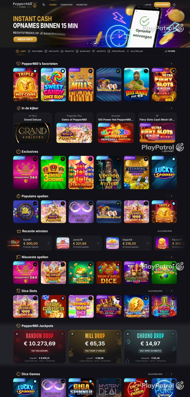 Capture of the front page of peppermillcasino.be (peppermillcasino.be) on 27 October 2026