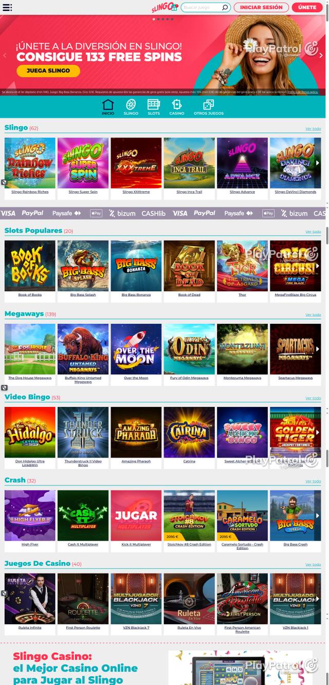 Capture of the front page of Slingo Casino (slingocasino.es) on 11 October 2026