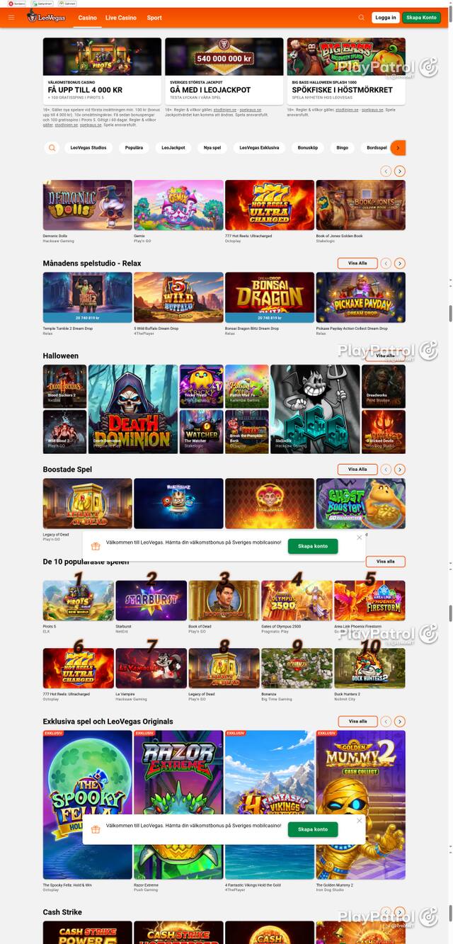 Capture of the front page of leovegas.com (leovegas.com) on 24 October 2026