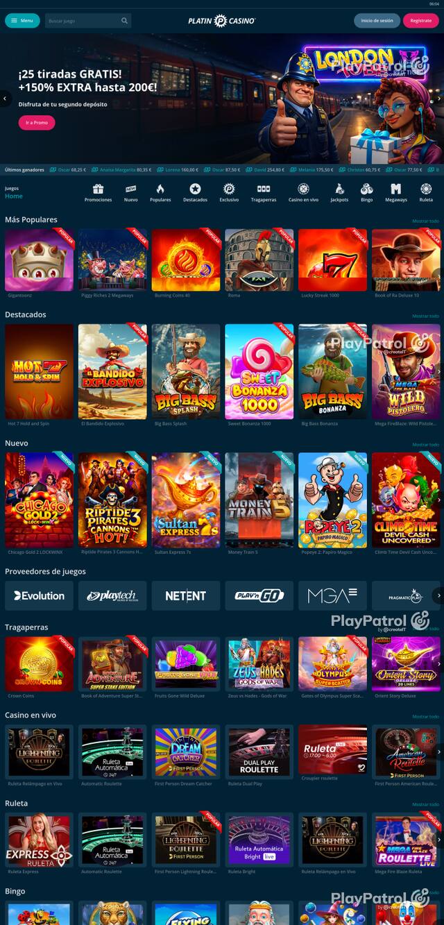 Capture of the front page of Platin Casino (platincasino.es) on 20 October 2026