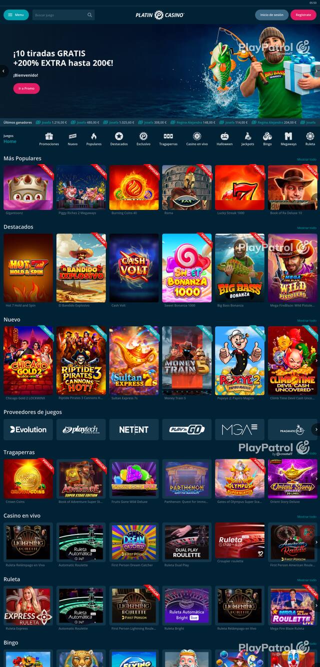 Capture of the front page of Platin Casino (platincasino.es) on 30 October 2026