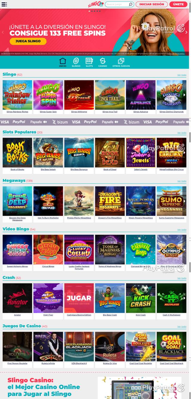 Capture of the front page of Slingo Casino (slingocasino.es) on 23 October 2026