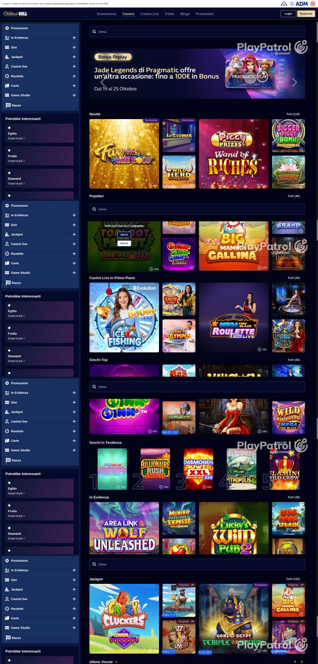 Capture of the front page of William Hill (casino.williamhill.it) on 21 October 2026