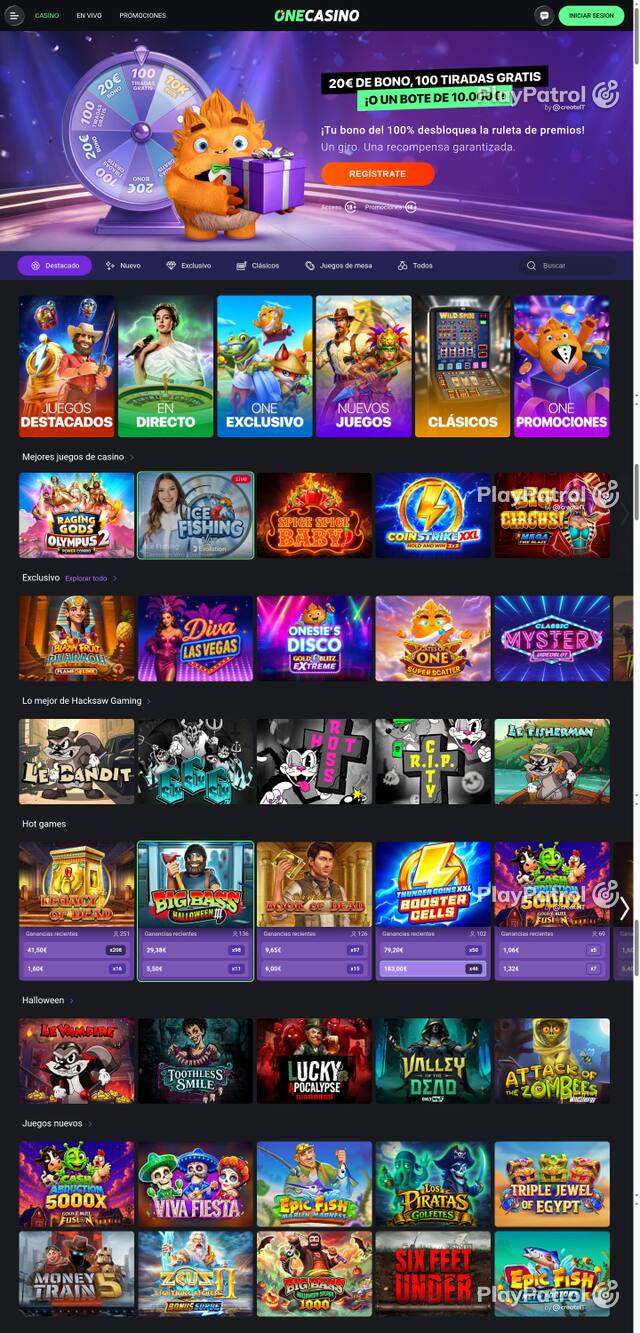 Capture of the front page of One Casino (onecasino.es) on 21 October 2026