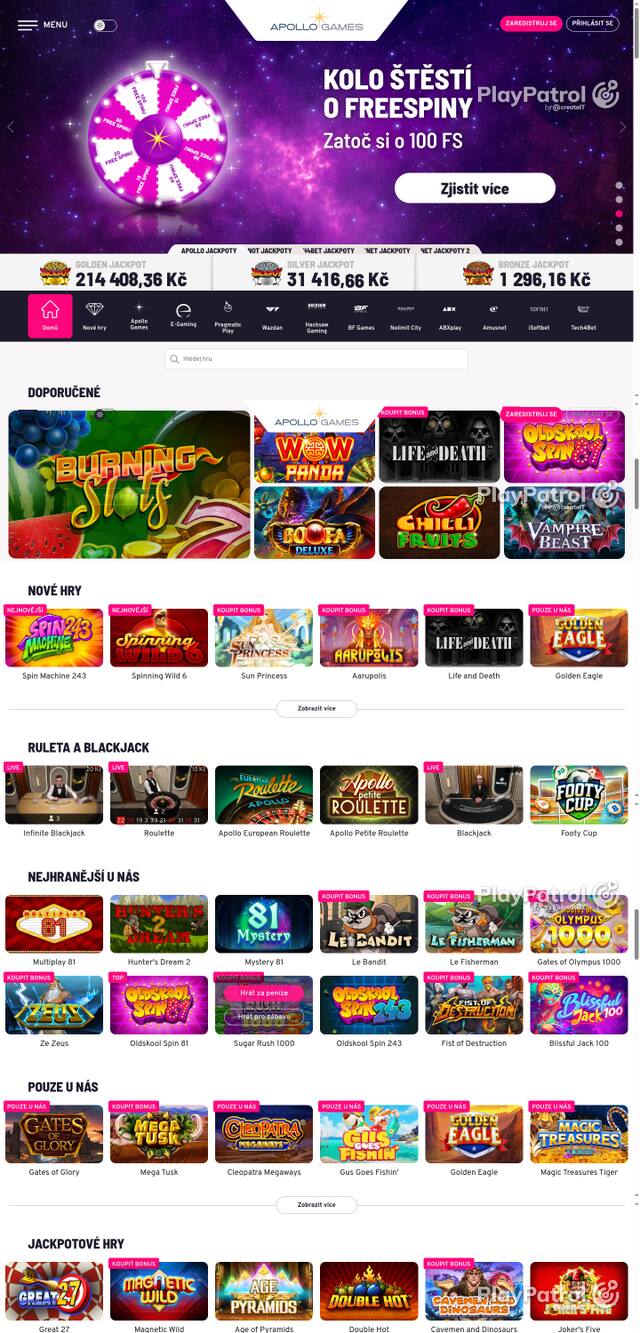 Capture of the front page of Apollo Games (apollogames.cz) on 6 October 2026