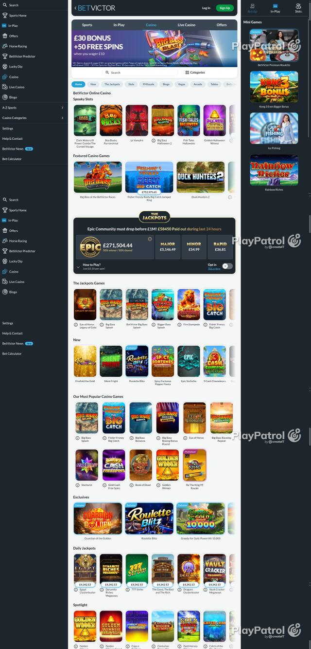 Capture of the front page of BetVictor Casino (betvictor.com) on 28 October 2026