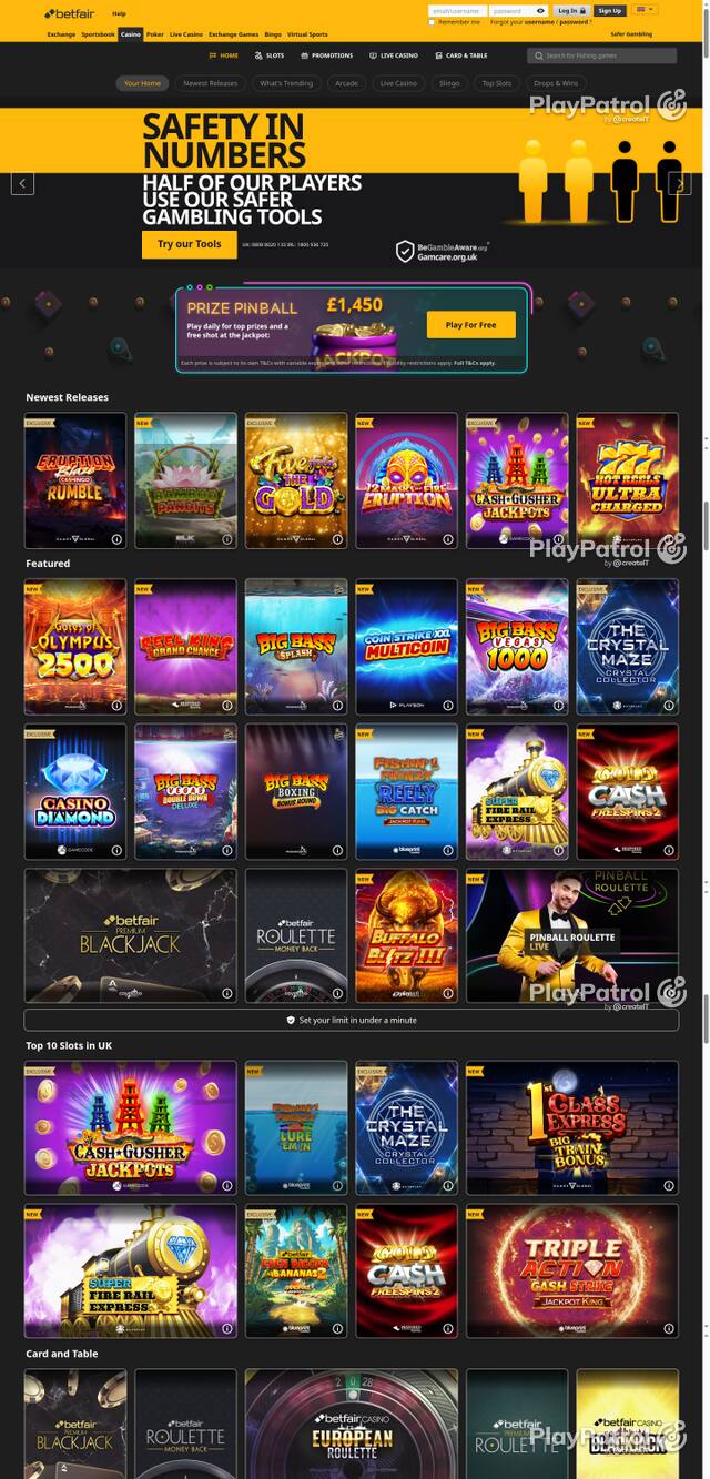 Capture of the front page of Betfair Casino (casino.betfair.com) on 8 October 2026