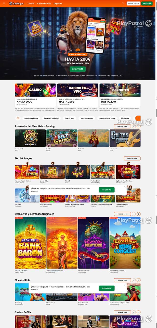 Capture of the front page of LeoVegas (leovegas.es) on 13 October 2026