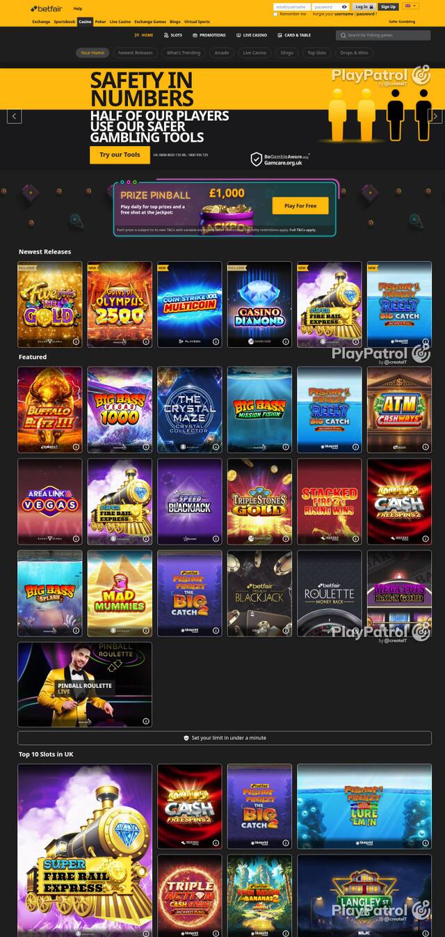 Homepage capture of Betfair Casino recorded during the scan
