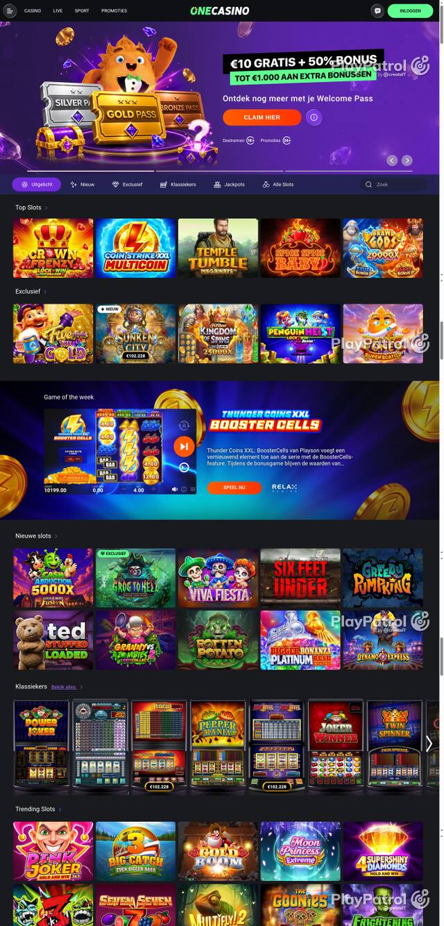 Capture of the front page of One Casino (nl.onecasino.com) on 22 October 2026