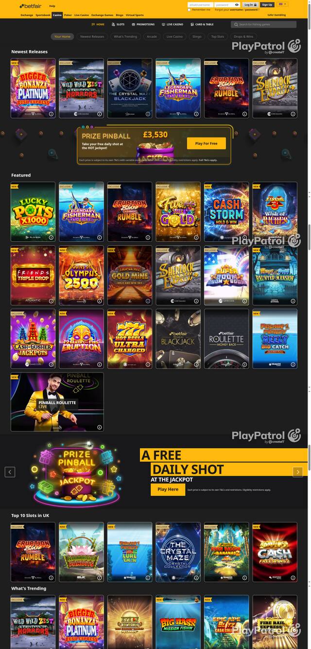 Capture of the front page of Betfair Casino (casino.betfair.com) on 22 October 2026
