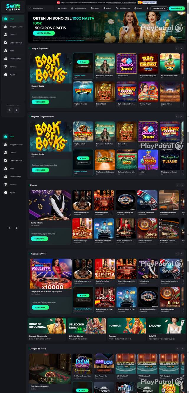 Capture of the front page of Swift Casino (swiftcasino.es) on 22 October 2026