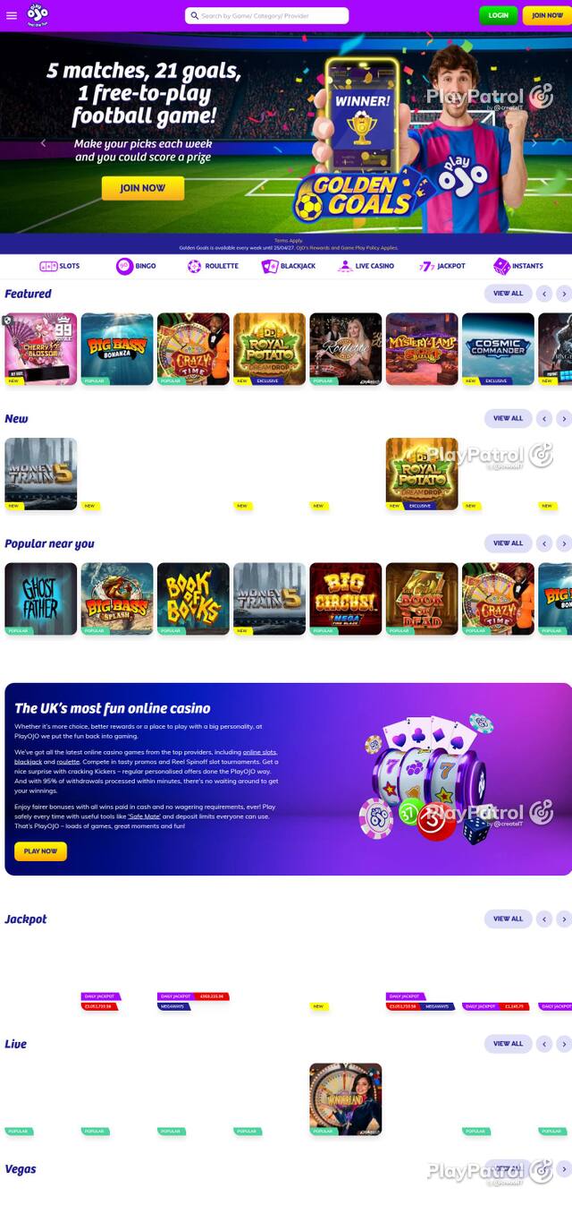 Homepage capture of PlayOJO recorded during the scan