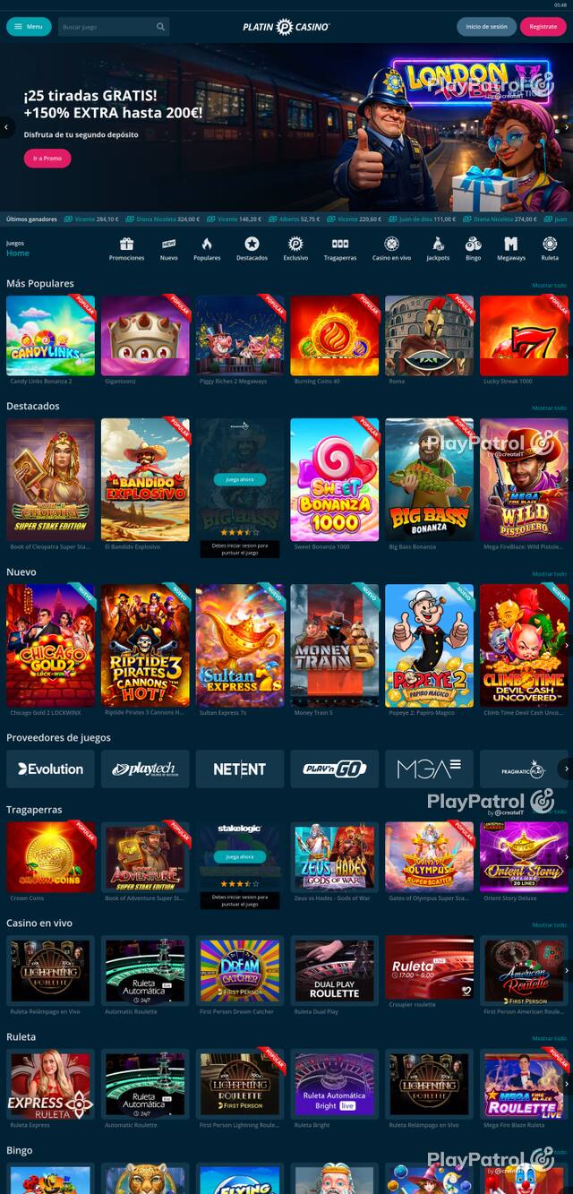 Capture of the front page of Platin Casino (platincasino.es) on 19 October 2026