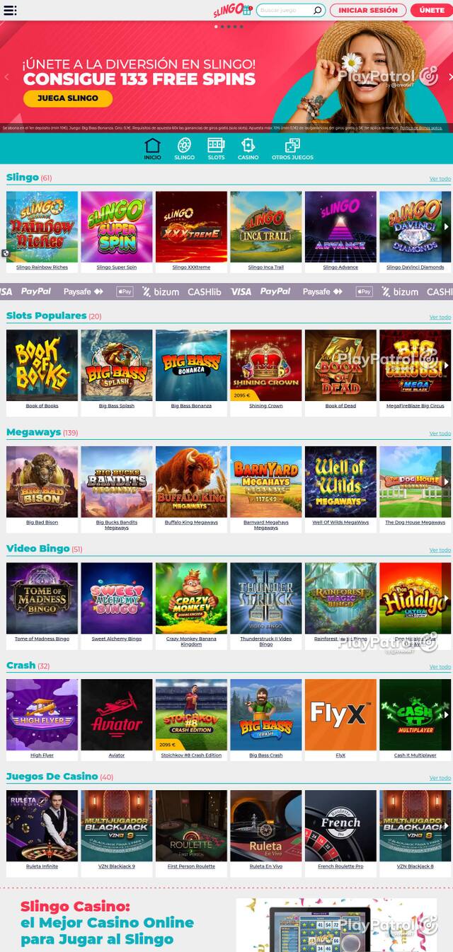 Capture of the front page of Slingo Casino (slingocasino.es) on 4 October 2026