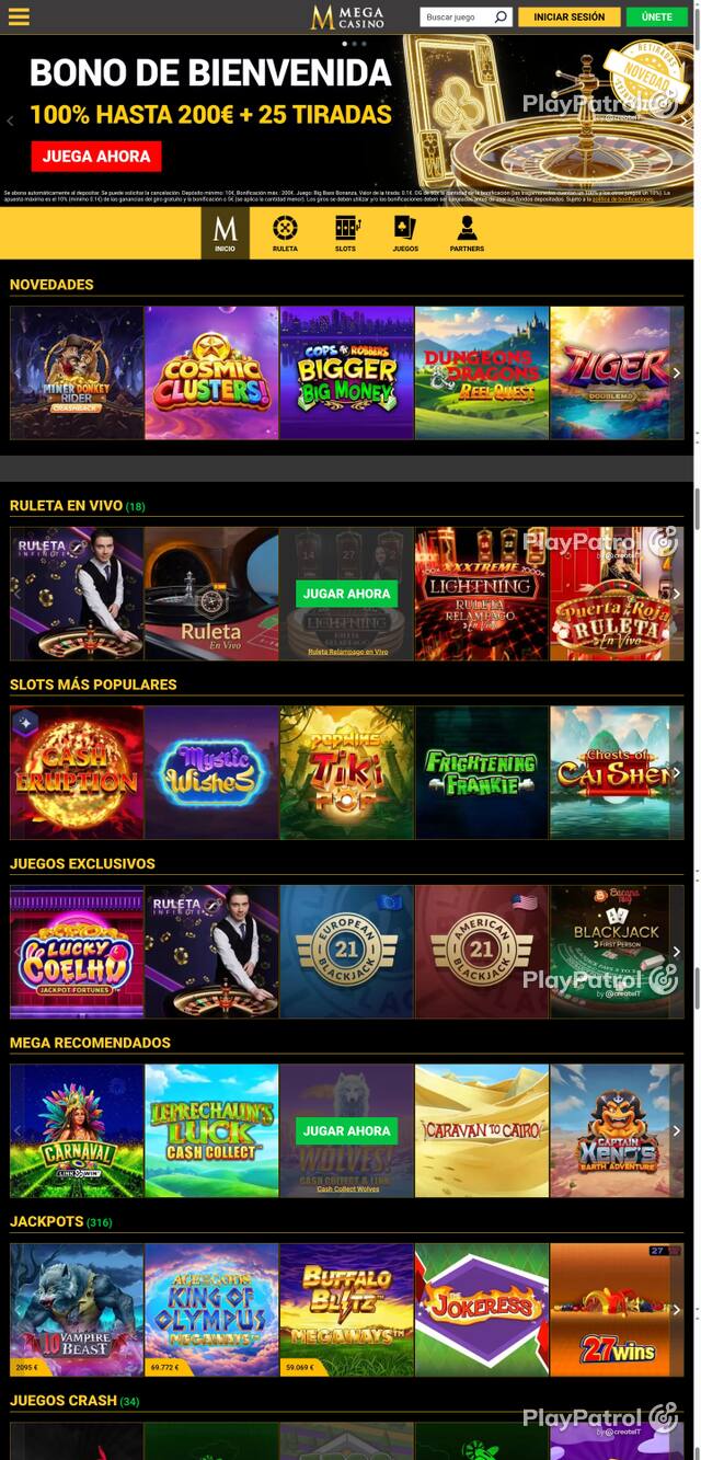 Capture of the front page of Mega Casinos (megacasinos.es) on 25 October 2026