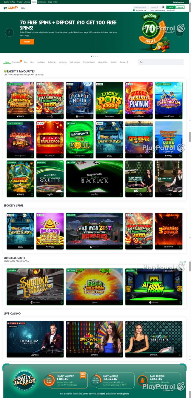 Capture of the front page of Paddy Power Games (games.paddypower.com) on 24 October 2026