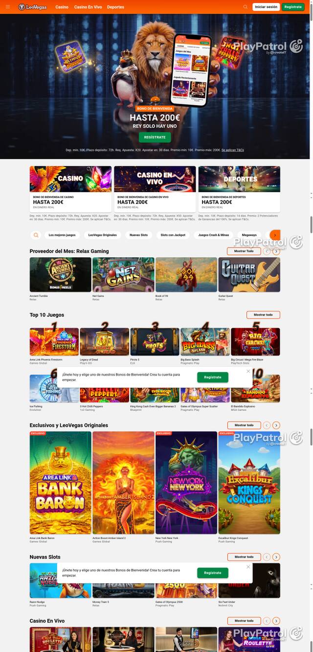 Capture of the front page of LeoVegas (leovegas.es) on 27 October 2026