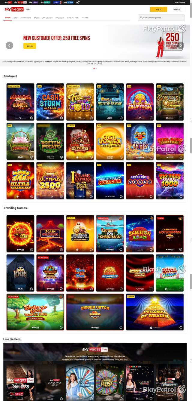Capture of the front page of Sky Vegas (skyvegas.com) on 12 October 2026