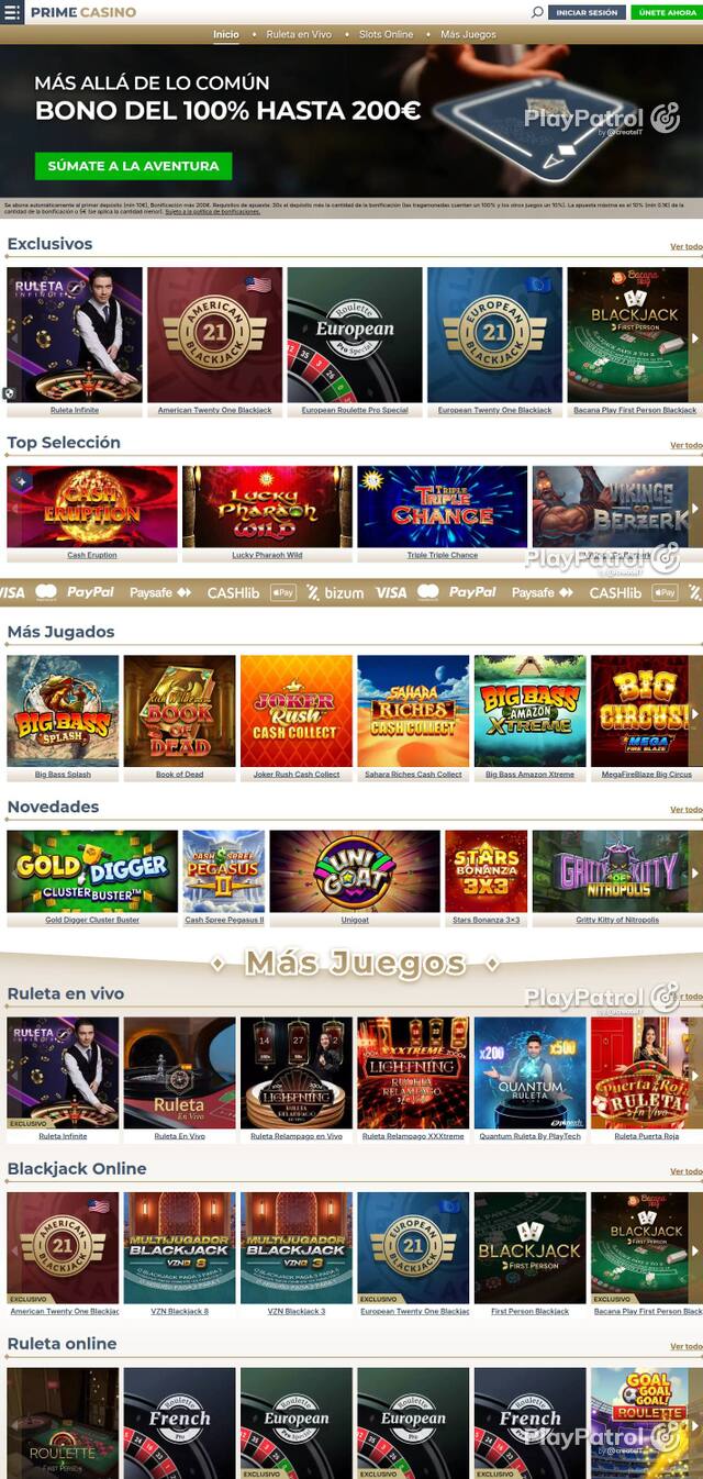 Capture of the front page of Prime Casino (primecasino.es) on 2 October 2026