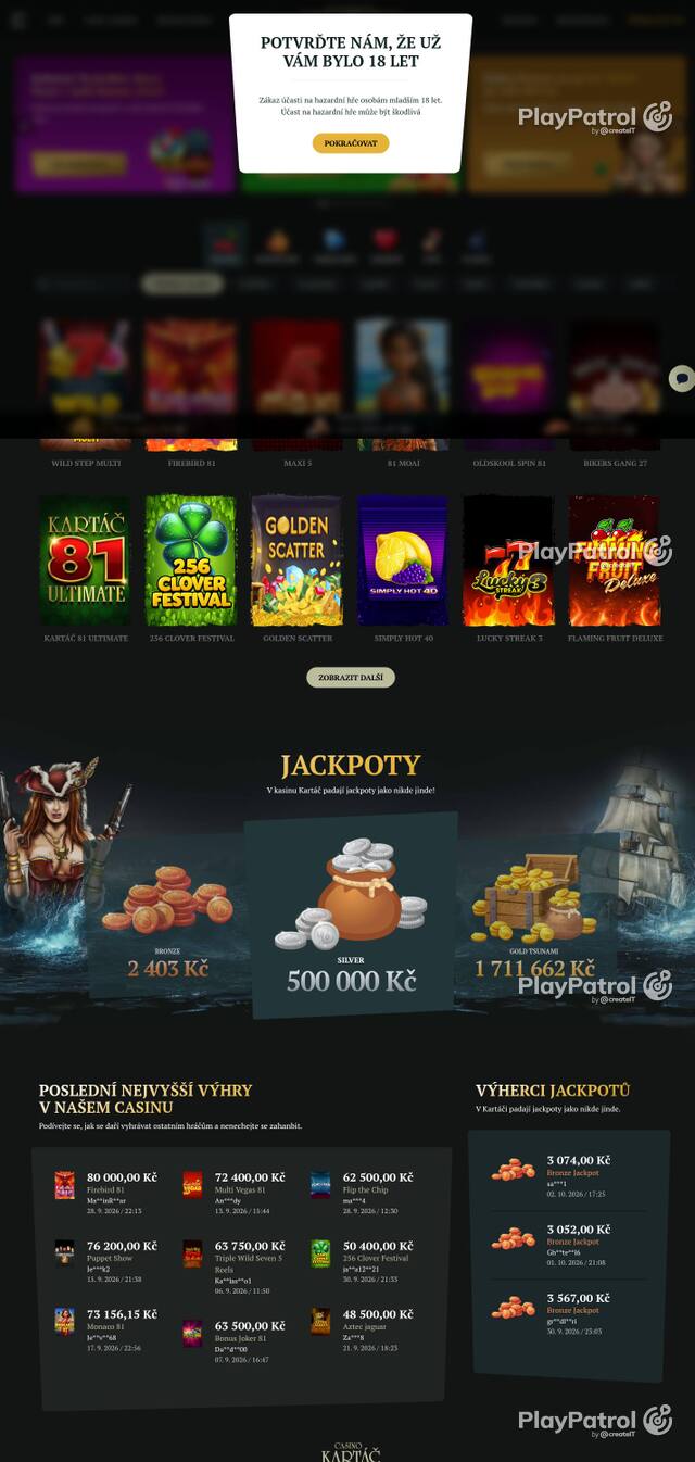 Capture of the front page of Casino Kartac (casino-kartac.cz) on 3 October 2026