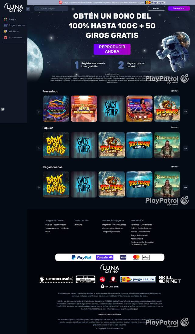 Homepage capture of Luna Casino recorded during the scan