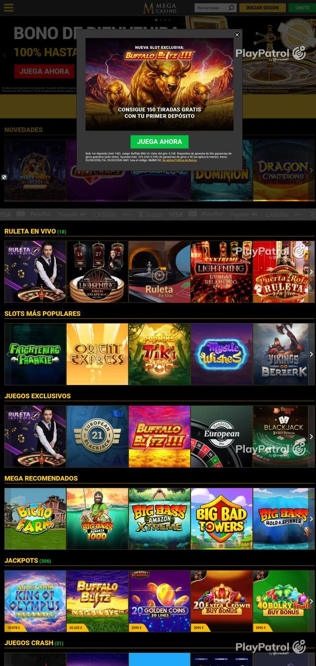 Homepage capture of Mega Casinos recorded during the scan