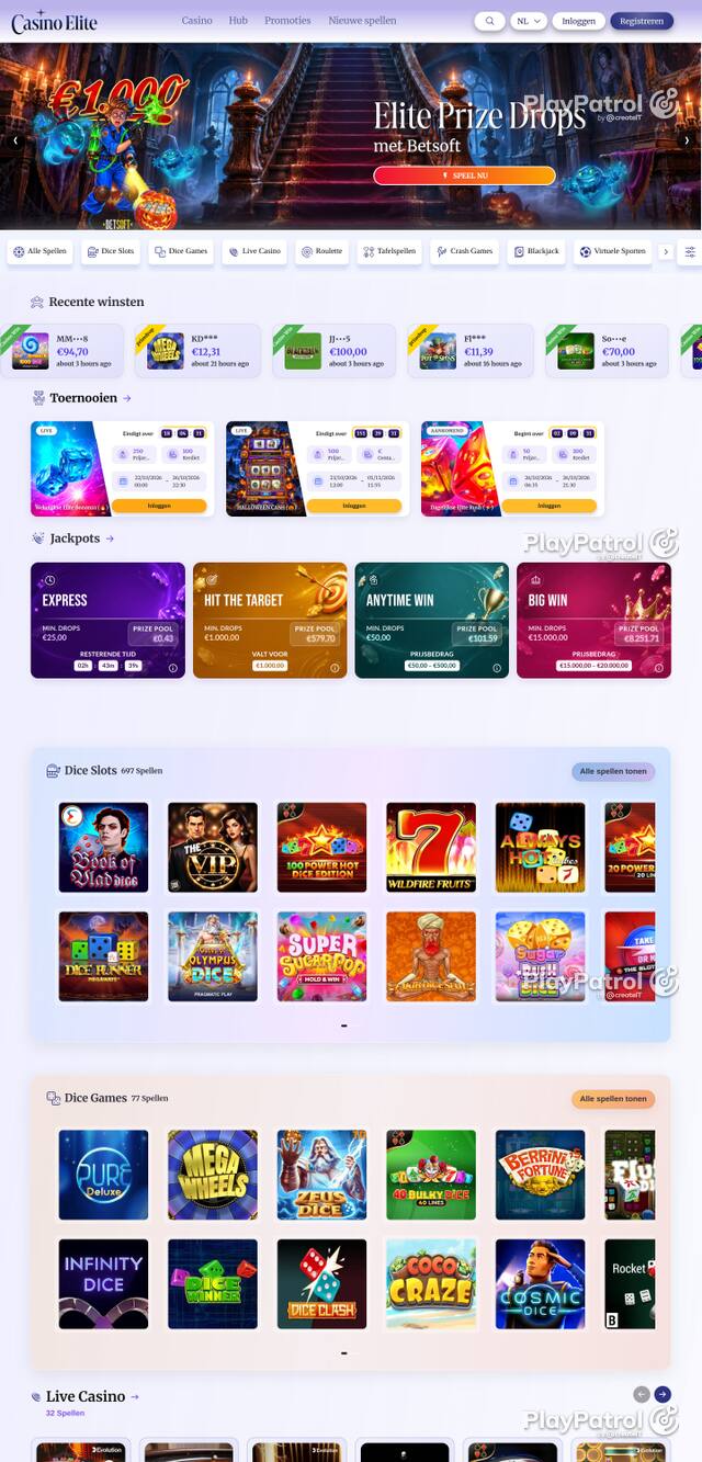 Front page of casinoelite.be as captured on 26 October 2026