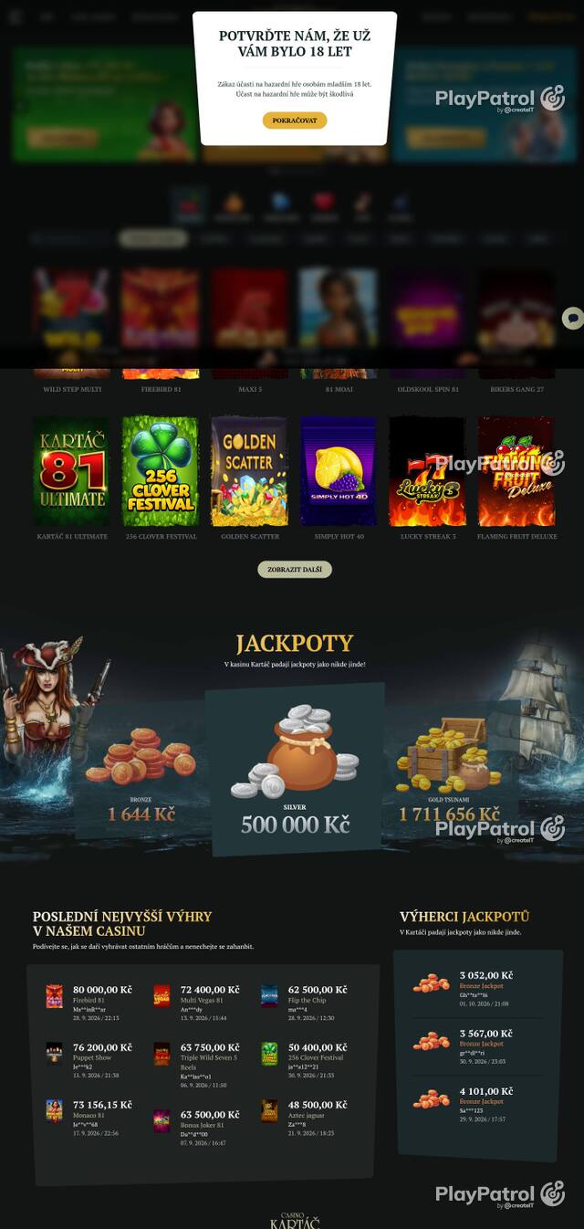 Capture of the front page of Casino Kartac (casino-kartac.cz) on 2 October 2026