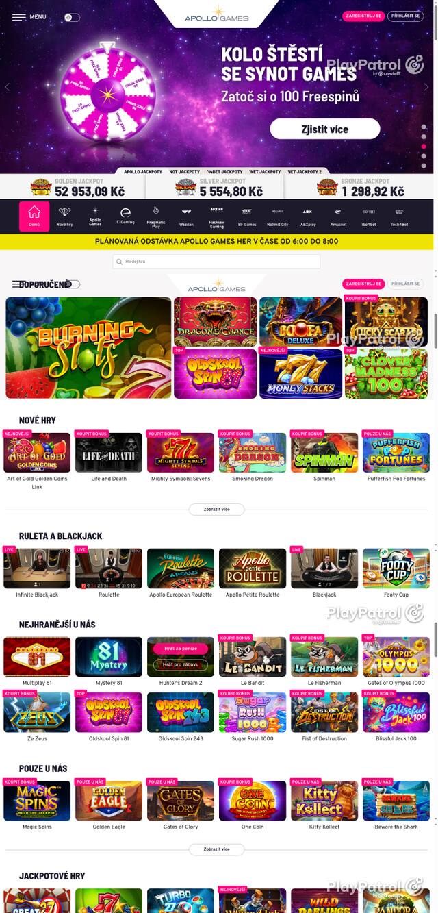 Capture of the front page of Apollo Games (apollogames.cz) on 20 October 2026