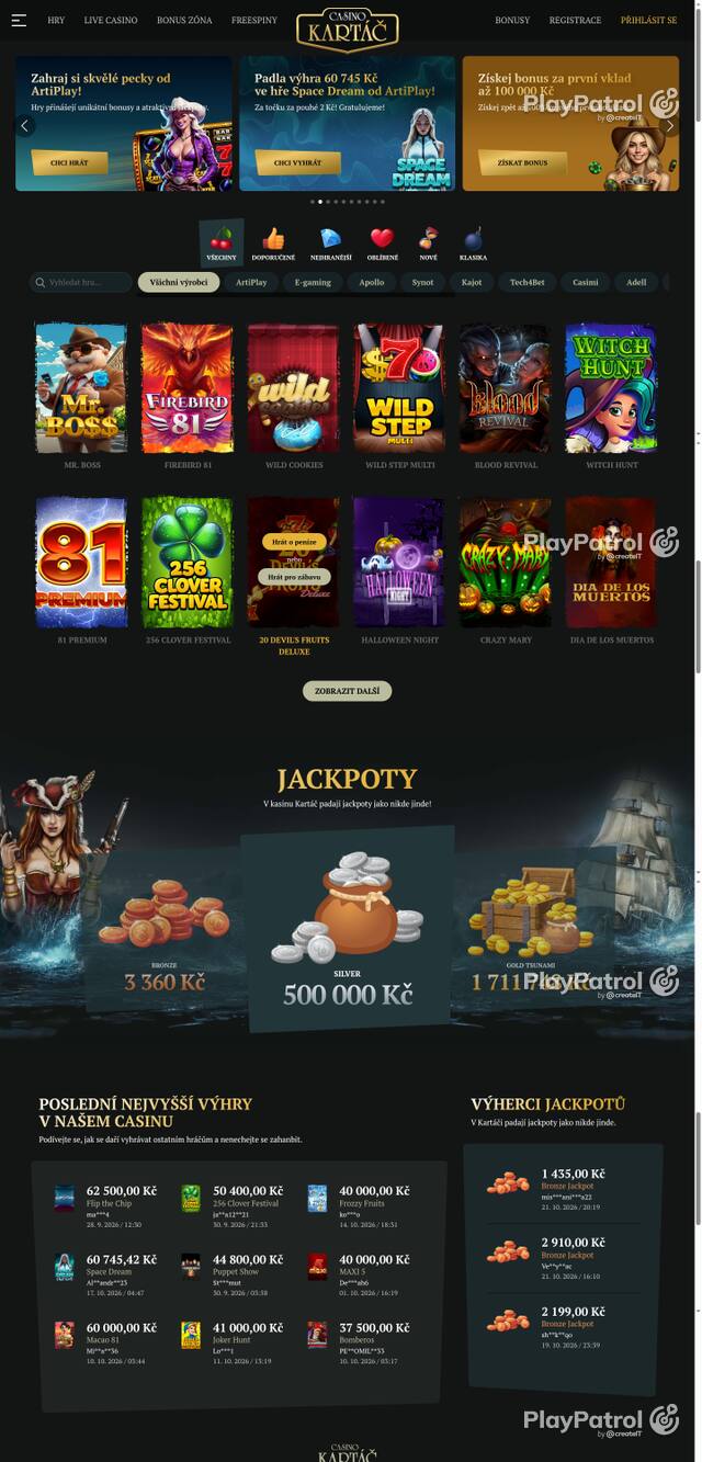 Capture of the front page of Casino Kartac (casino-kartac.cz) on 27 October 2026