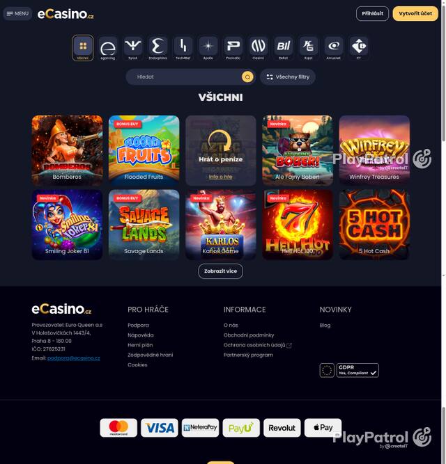 Capture of the front page of eCasino (ecasino.cz) on 15 October 2026