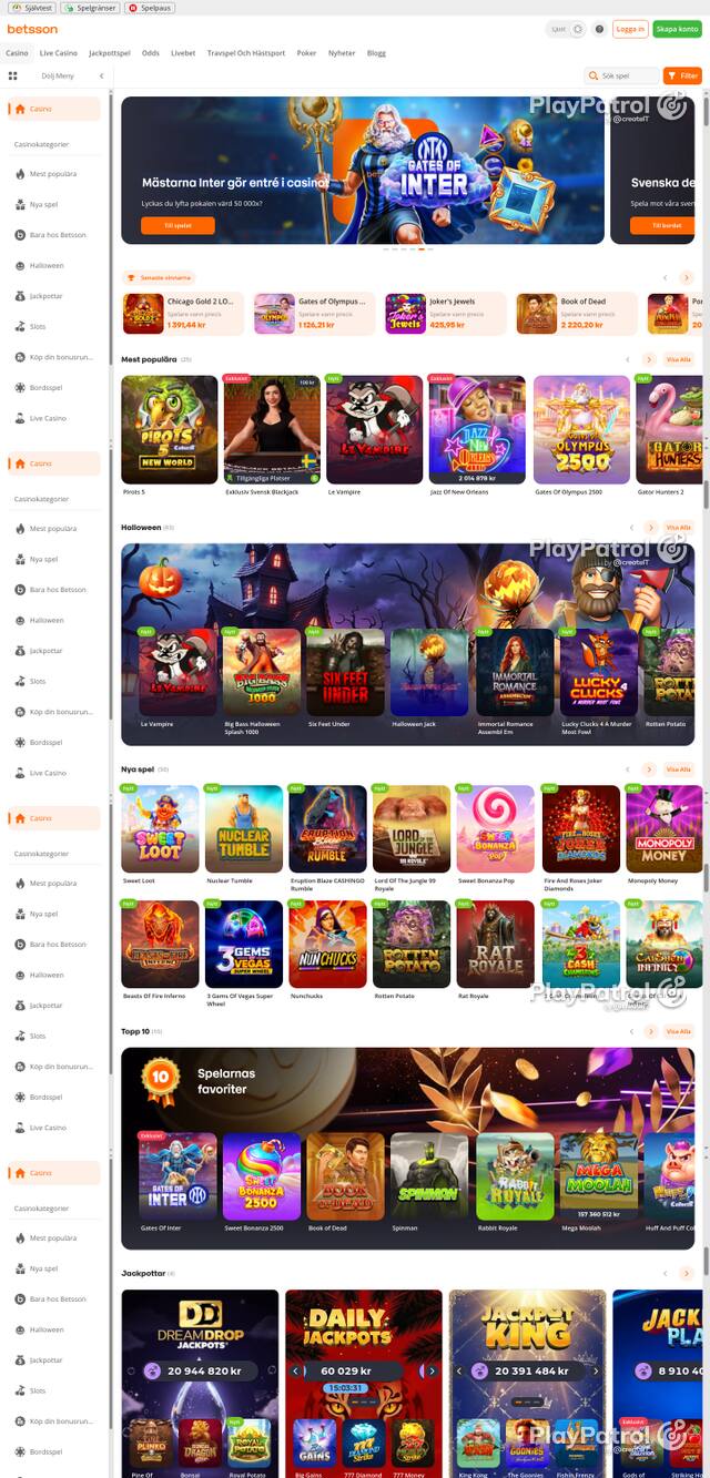 Capture of the front page of betsson.com (betsson.com) on 30 October 2026