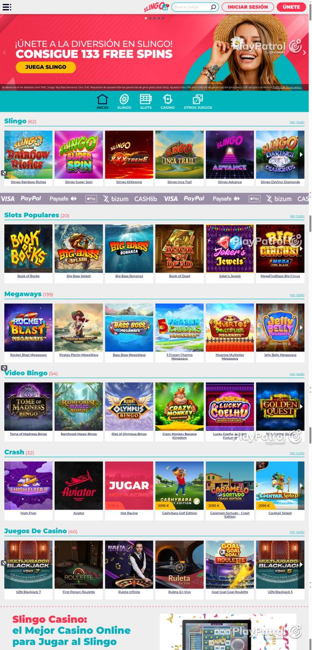 Capture of the front page of Slingo Casino (slingocasino.es) on 19 October 2026