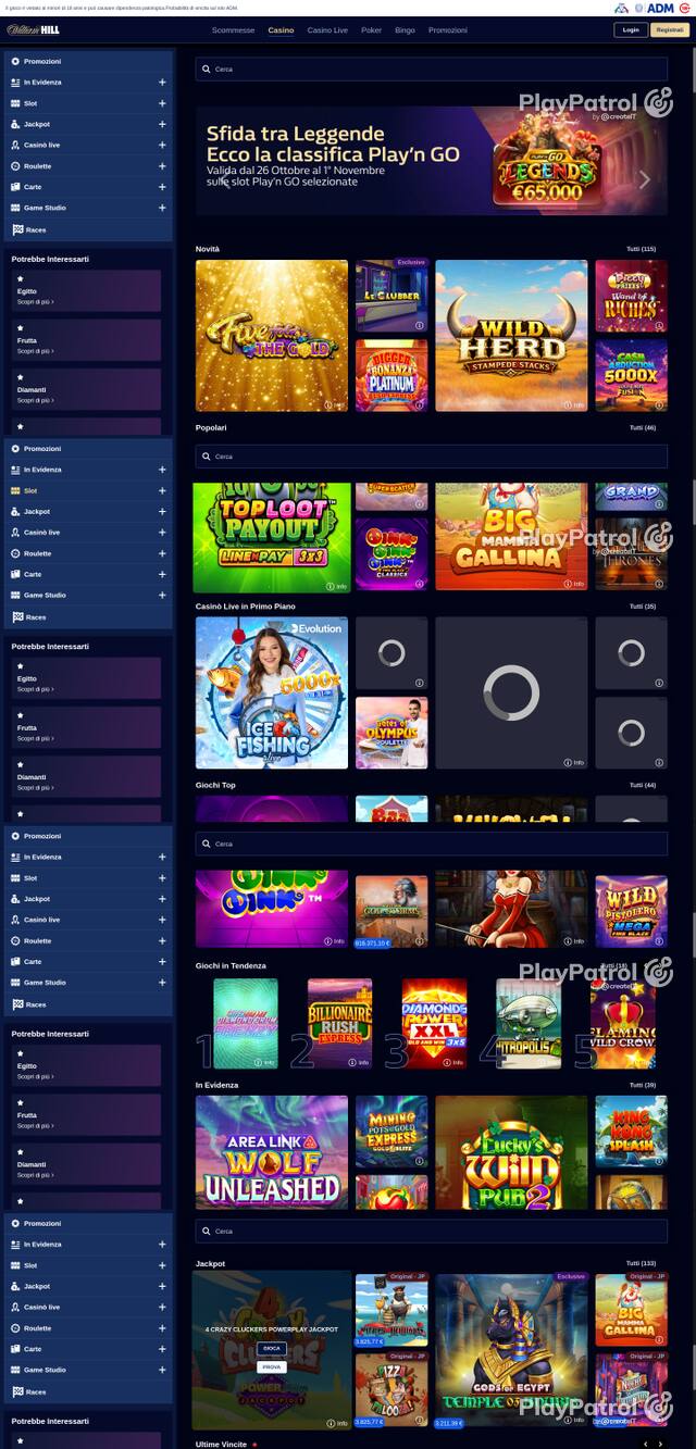 Capture of the front page of William Hill (casino.williamhill.it) on 27 October 2026