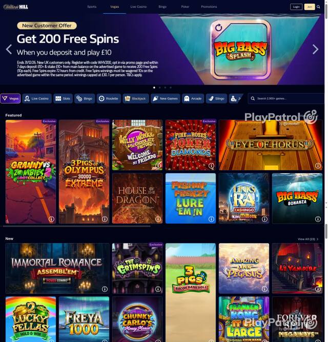 Capture of the front page of William Hill (vegas.williamhill.com) on 5 October 2026