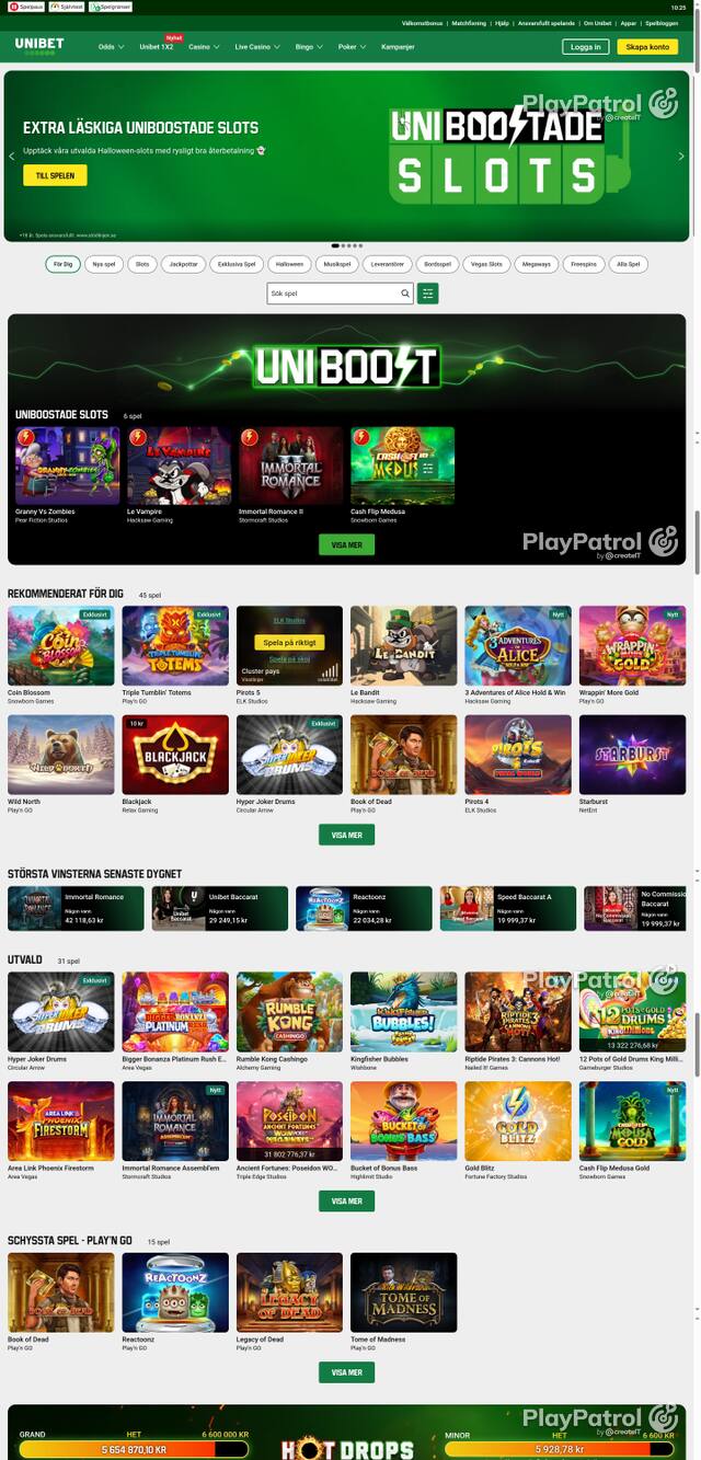 Front page of unibet.se as captured on 29 October 2026