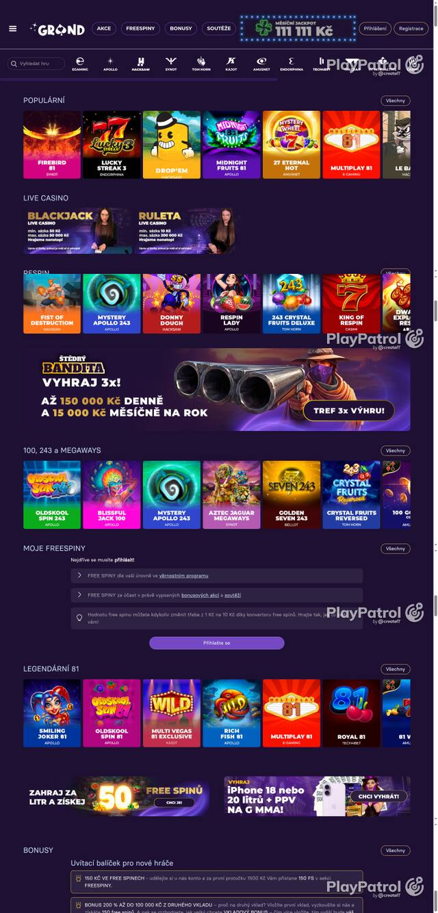Capture of the front page of GrandWin (grandwin.cz) on 20 October 2026