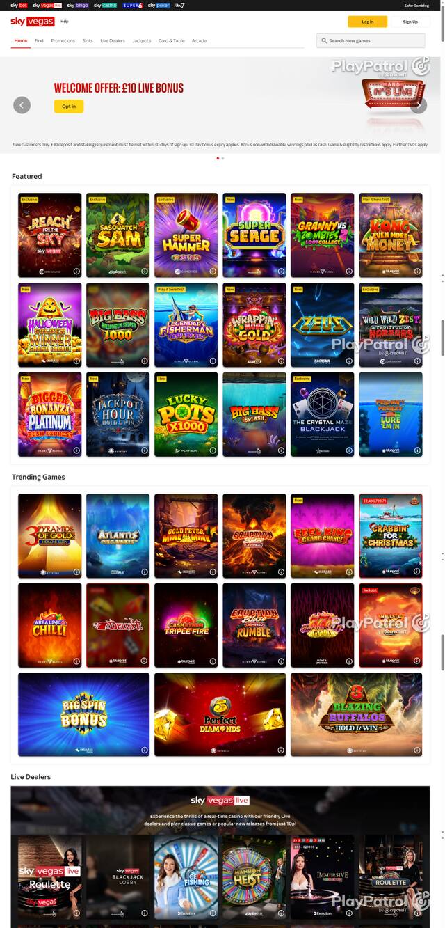 Capture of the front page of Sky Vegas (skyvegas.com) on 30 October 2026