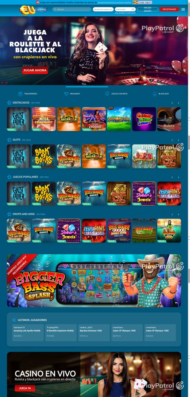 Capture of the front page of EU Casino (eucasino.es) on 26 October 2026
