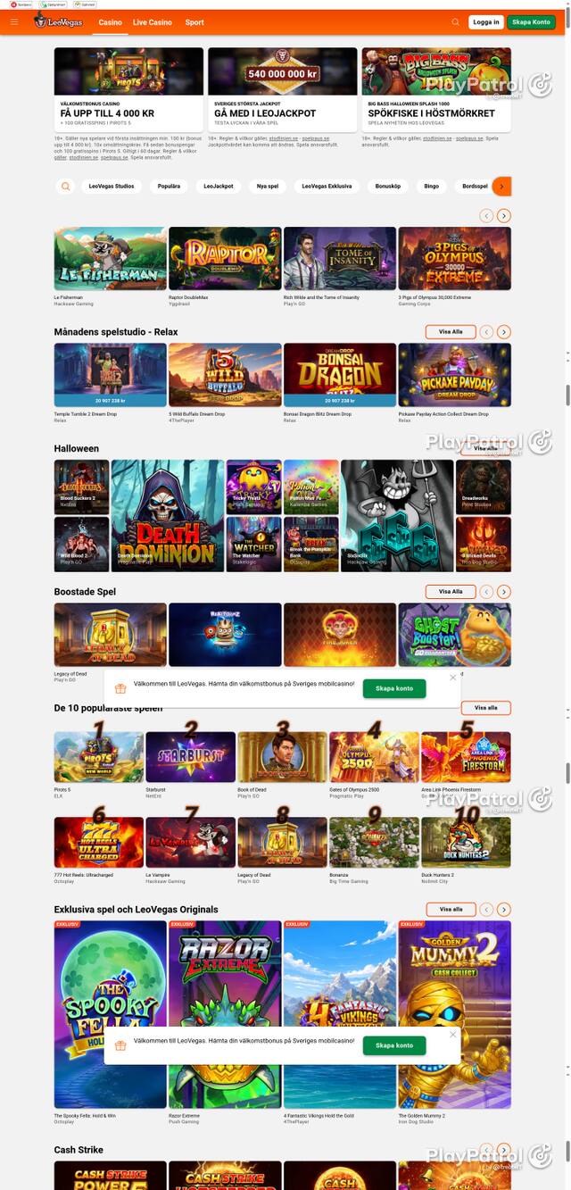 Capture of the front page of leovegas.com (leovegas.com) on 26 October 2026
