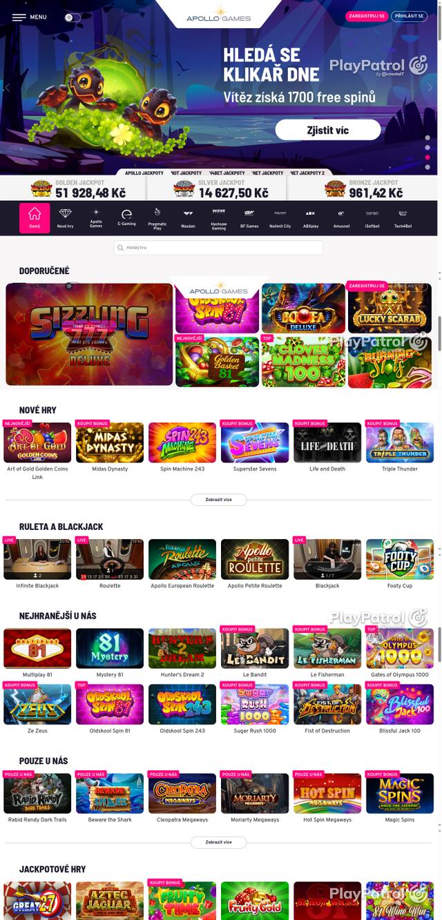 Capture of the front page of Apollo Games (apollogames.cz) on 18 October 2026