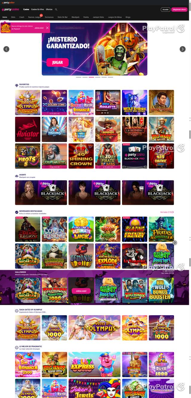 Capture of the front page of PartyCasino (partycasino.es) on 13 October 2026